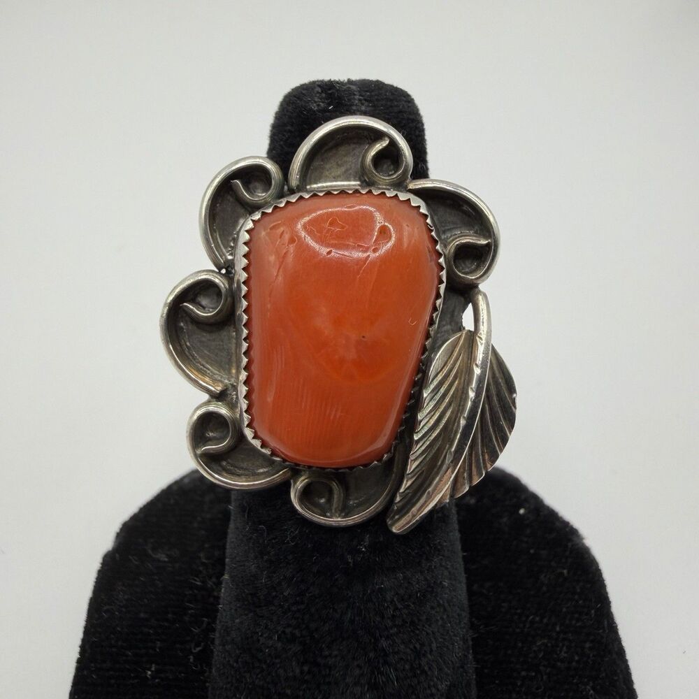 925 Sterling Silver Red Coral Statement Ring Leaf Scrollwork Size 6 9.5g
